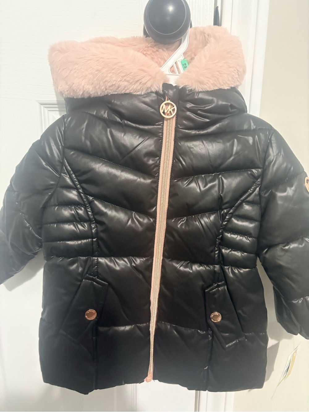 Michael Kors Black Puffer Coat with Pink Faux-Fur Trim